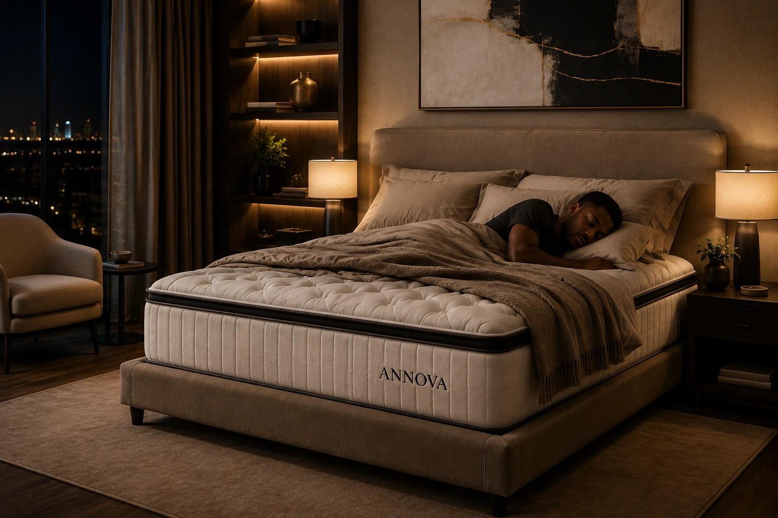 A Black sleeper resting on an Annova mattress in a warm, sophisticated bedroom at night